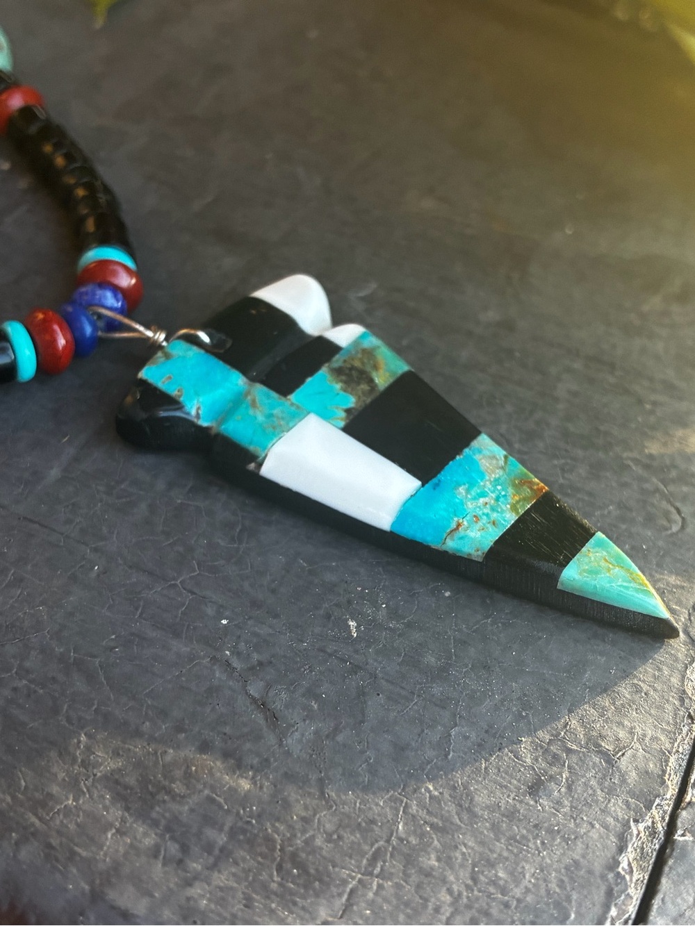 Vintage Turquoise Inlay Arrowhead Necklace Antler Beads Native Handmade Signed